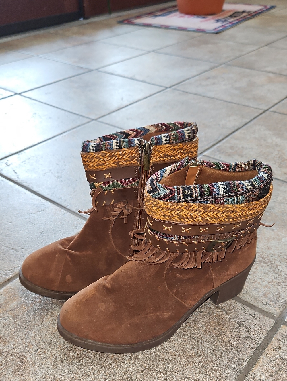 Women's Brown Suede Fringe Ankle Boots with Woven Trim